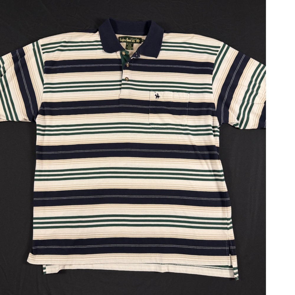 Knights of Round Table Mens XL Polo Shirt Striped Navy Green Pocket Short Sleeve